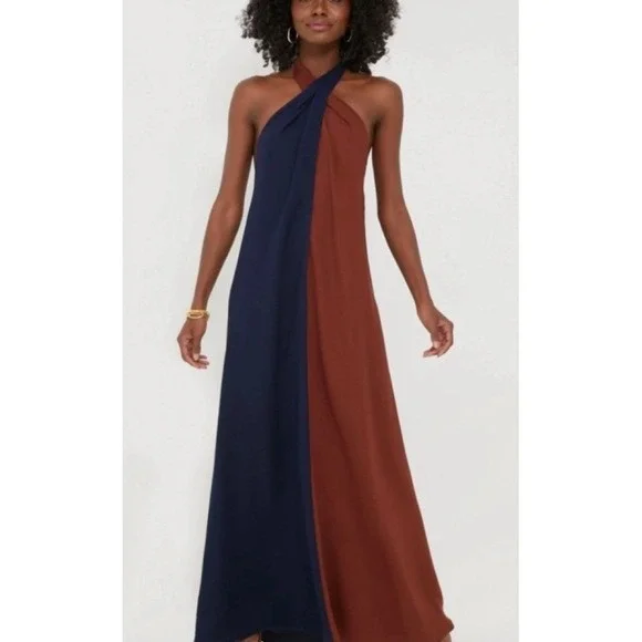 Tuckernuck D'Amore Halter Maxi Dress XS Twisted Neck Colorblock Minimal Chic - Picture 10 of 11